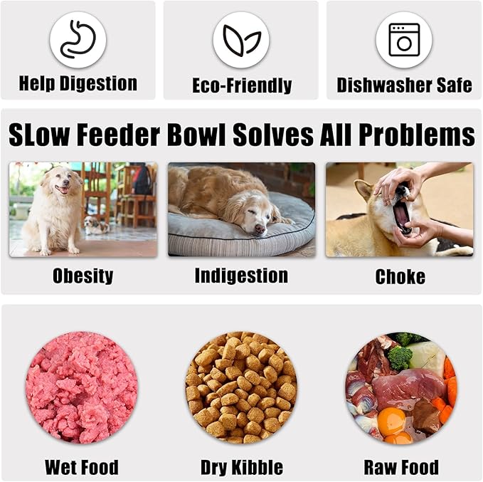 Slow Feeder Dog Bowls Medium Breed, Dog Food Bowl Medium Anti-Choking Bloat Stop Puzzle Healthy Eating Bowl (Gray, 2 Cup)