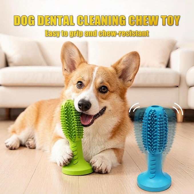 Dog Chew Toys, Interactive Suction Cup Toothbrush Chew Toy for Puppy Teething, Rubber Teeth Cleaning Stick with Treat Holder for Small and Medium Dogs (Blue)