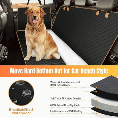 Hard Bottom Dog Car Seat Cover for Back Seat, Holds 420lbs - Waterproof Sturdy Nonslip Hammock for Cars/Trucks/SUVs - Easy to Clean & Safe Backseat Extender for Large Dogs