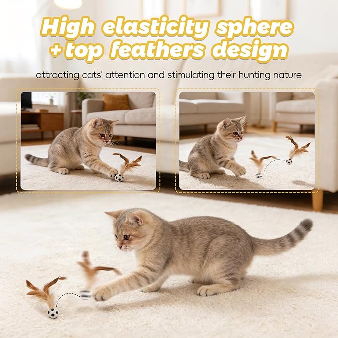 4-in-1 Interactive Cat Toy Wand, Bird Chirping Sound Cat Teaser with Bouncy Ball and Feather Attachments, 2 Play Modes for Bored Indoor Adult Cats Self Play Exercise