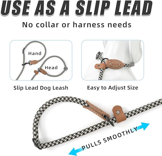Mile High Life Hands Free Dog Leash, Crossbody Waist Leash with Genuine Leather Connection, Multifunctional Adjustable Slip Lead for Dog Walking Running (Black Khaki, 8FT)