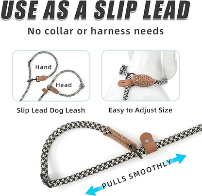 Mile High Life Hands Free Dog Leash, Crossbody Waist Leash with Genuine Leather Connection, Multifunctional Adjustable Slip Lead for Dog Walking Running (Black Khaki, 8FT)