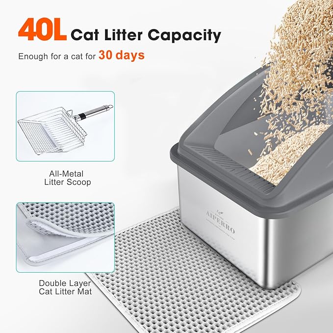 Stainless Steel Litter Box | XXL Deepened 8" Design Enclosed Box with Lid for Big Cats | High Sided, Anti-Urine Leakage | Non-Stick Bottom & Includes Litter Mat & Metal Scoop