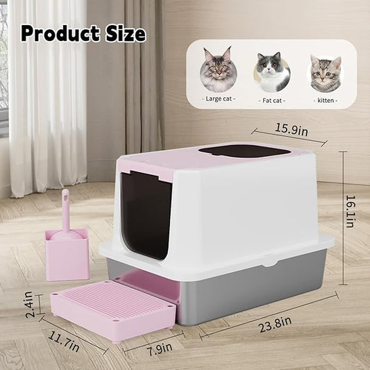 RIZZARI Enclosed Cat Litter Box: Large Top & Front Entry - High-Sided Anti-Scatter Design - Stainless Steel Odor Control - Easy Clean Teflon Non-Stick Coating- Pink Litter Pan - Entryway/Closet Nook