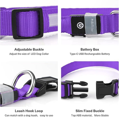PcEoTllar Light up Dog Collar for Night Walking - LED Dog Collar Light Rechargeable Color Changing, Glow in The Dark Dog Collars Waterproof Glowing Dog Collars for Large Small Medium Dogs, Purple S