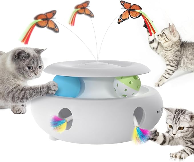 Cat Toys, 3-in-1 Interactive Cat Toy for Indoor Cats, Rechargeable Automatic Kitten Toy with Fluttering Butterfly, Moving Feather, Smart Sensor 6 Holes Whack-A-Mole & Track Balls (White)