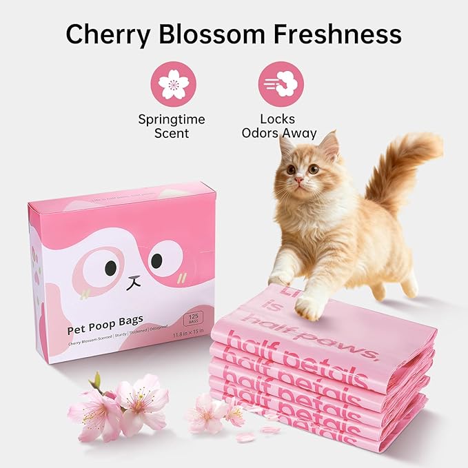 125 Count Cat Poop Bags Cherry Blossom Scented with Handles, Disposable Litter Bags for Pet Poop, Dog Kitty Waste Bags Extra-Thick Easy Tie Leak-Proof Strengthen, Pink