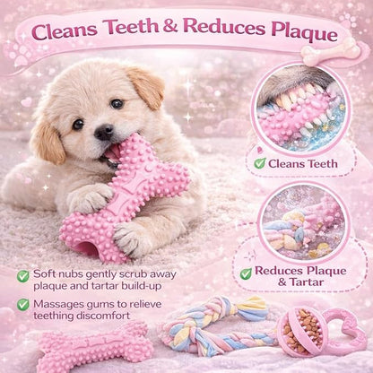 Pink Puppy Toys, 6- Pack Teething Chew Toys, Soft Durable Rubber Teething Toys for Puppies Small Breeds, Eco-Friendly, Interactive Puppy Chew Toys for Small Dogs, (Basket not Included)