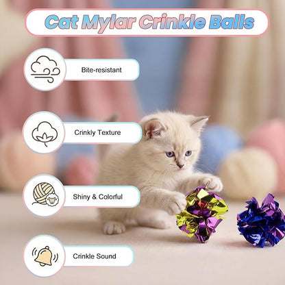 9 Pack Cat Toy Balls for Indoor Cats, Pom Pom Fuzzy Balls with Bells, Wool Yarn Toy with String, Mylar Crinkle Balls Interactive Kitten Toys for Indoor Cats Chase and Play Keep Busy Stress Relief