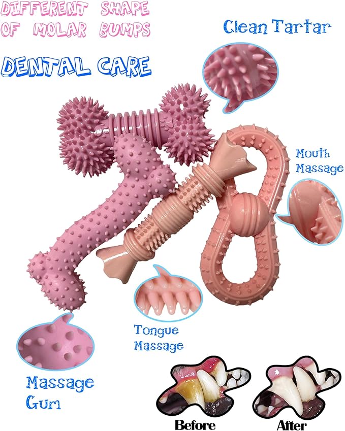 4 Pack Teething Toys Dog Durable Chew Toys Soft Rubber Toy Dog Teeth Cleaning Toothbrush Toy Cute Interactive Toys for Medium Large Breed(Medium,Pink)