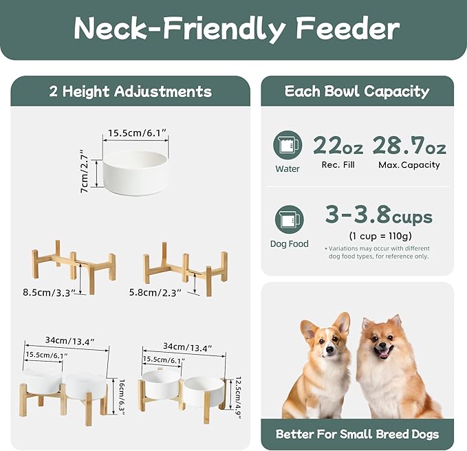 Ceramic Raised Double Bowls Set with Stand, 2 Heights Elevated, Food & Water Bowls for Small Breed Dogs, Weighted Dog Dishes, Pet Bowl(6.1'',28.7oz, White)