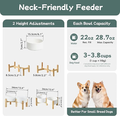 Ceramic Raised Double Bowls Set with Stand, 2 Heights Elevated, Food & Water Bowls for Small Breed Dogs, Weighted Dog Dishes, Pet Bowl(6.1'',28.7oz, White)