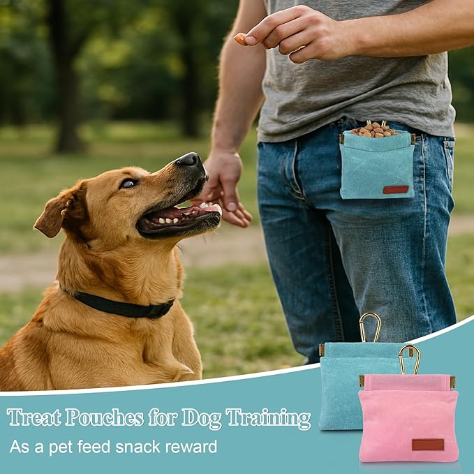 2Pcs Dog Treat Pouches for Pet Training, Hand Free Puppy Dogs Treat Bag with Carabiner, Portable Auto Closing Pet Dog Walking Bag for Travel or Outdoor Use, Pets Feed Snack Reward Pocket- Pink, Green