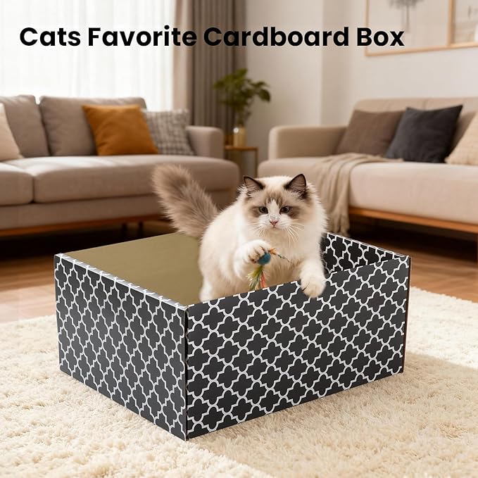 Cardboard Cat Scratcher Box with 3PCS Extra-Large Double-Sided Scratching Board, Heavy Duty Cat Scratcher Bed, Sturdy and Refillable, Ideal for Scratching and Sleeping, Premium House for Indoor Cats