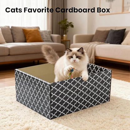 Cardboard Cat Scratcher Box with 3PCS Extra-Large Double-Sided Scratching Board, Heavy Duty Cat Scratcher Bed, Sturdy and Refillable, Ideal for Scratching and Sleeping, Premium House for Indoor Cats