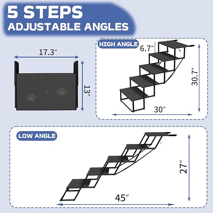 Dog Steps for Car, Truck, SUV, Dog Stairs for Car with Upgraded Non-Slip Surface, Foldable Dog Ramp for Car, Pet Stairs for Large Dogs, 5 Steps