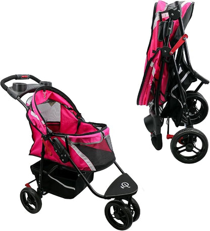 Petique Revolutionary Durable Pet Stroller, Easy Fold, Quality mesh Windows, Large Storage Basket, Secure Cup Holder Tray, Small/Medium Dogs, Cats and Pets, Supports up to 55LBS - Supernova (Pink)