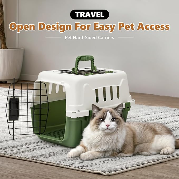 Athena Collection 18" Hard-Sided Travel Pet Carrier for Small Dogs and Cats, Plastic Dog Carriers with 2-Door Top & Front Load, Ventilation, Security Lock, Cat Dog Carrier for Pet, up to 10lbs, Green