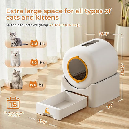 Self Cleaning Litter Box, Large Capacity Automatic Litter Box for Multiple Cats, Auto-Empty Cat Pan with App Control, Auto Sensors for Safety Protection, Enhanced Whisper-Quiet Design, White