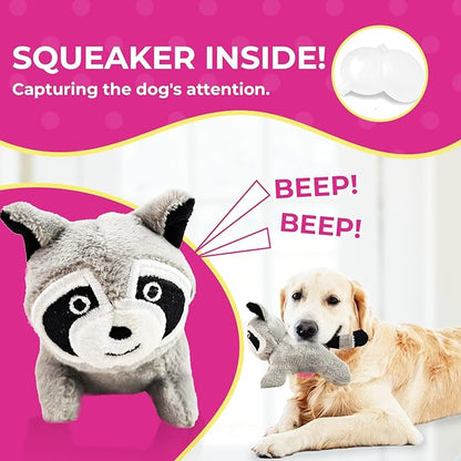 Glow Pups Raccoon Dog Toy 3 Pack with Squeaker, Plush Hide and Seek Dog Toys for Small to Medium Dogs, Burrow Replacement Animals, Woodland Gray, 3 x 5 x 2 inches