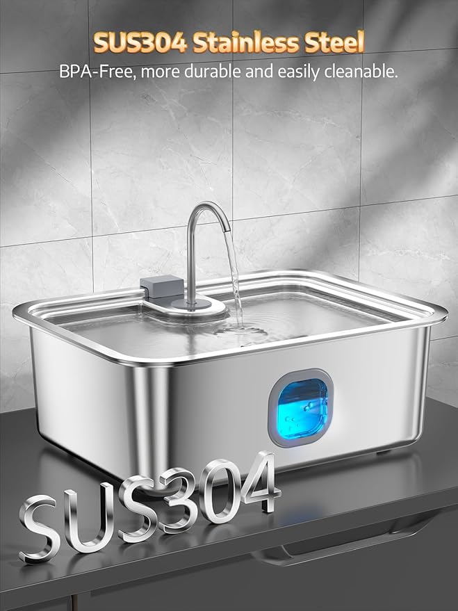 4.2Gal Dog Water Fountain for Large Dogs, 16L Stainless Steel Large Dog Fountain Water Bowl with Deeper & Wider Drinking Tray, Automatic Pet Water Dispenser with Visible Window (with 7 Filters)