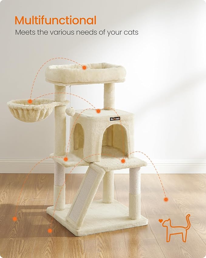 Feandrea Cat Tree, 37.8-Inch Cat Tower, Multi-Level Condo with Widened Perch, Scratching Posts and Ramp, 2-Door Cave, Hammock, Beige UPCT51M