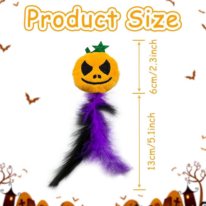 Halloween Cat Toys 4 PCS,Pumpkin Feather Cat Toys,Funny Spooky Kitten Interactive Plush Chew Toys for Halloween Thanksgiving Christmas Party Cat Teeth Cleaning Accessories