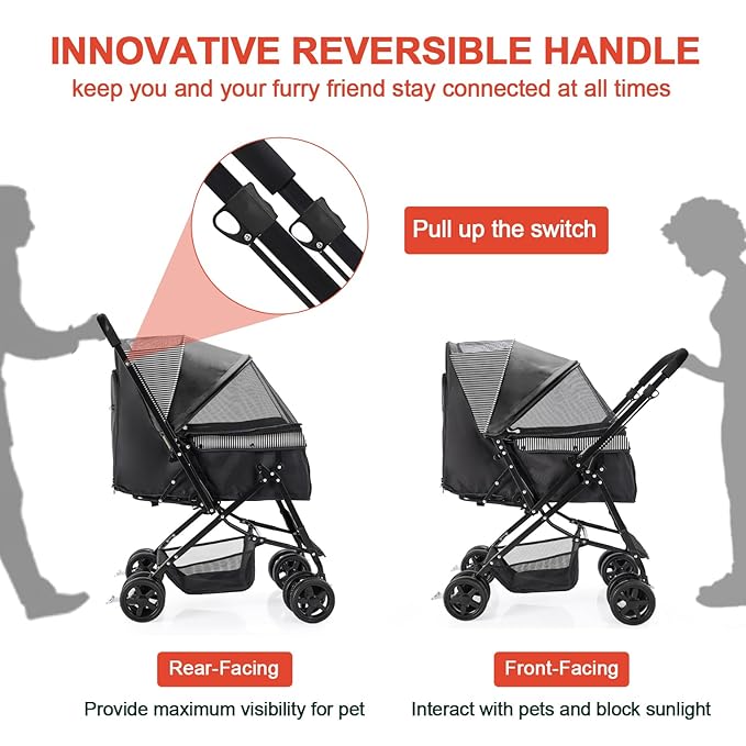 Lightweight Dog Stroller with Reversible Handle for Medium Small Dogs and Cats, Foldable Pet Stroller Travel Carriage with Large Storage Basket, 4 Wheels, Black