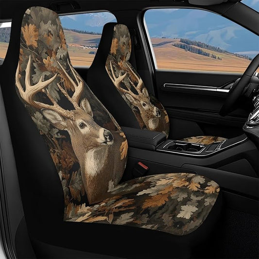 Deer Car Seat Covers Waterproof Front Seat Covers Camo Hunting Forest Bucket Seat Cover Automobile Vehicle Interior Accessories Easy to Install
