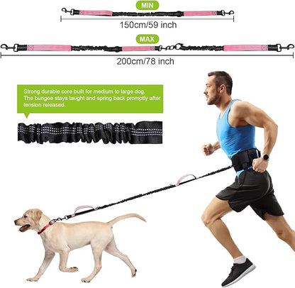 Hands Free Dog Leash, Waist Leash for Dog Walking, Running, Jogging, Waist Leashes with Adjustable Belt, Medium & Large Dogs Running Leashes Hands Free, Dual Padded Handles and Durable Bungee(Pink)