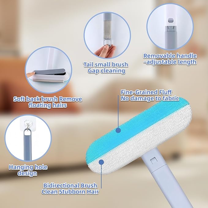 4 in 1 Pet Hair Remover - Washable & Reusable Long-Handle Tool, Gentle Removal for Dog/Cat Hair on Couch, Carpet, Furniture - Also Works for Window & Tile Cleaning (17.3inch)