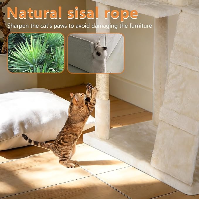 BestPet | 81" Cat Tree Tower | Cream | Sturdy, Easy to Assemble, Multi-Level Activity Center with Sisal Scratching Posts, Condos, Perches, Hanging Cat Toys, Observation Decks & Ladder