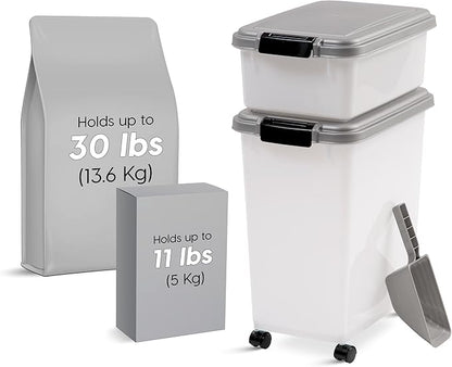 IRIS USA 30 lbs & 11 lbs Combo Airtight Dog Food Storage Container, Stackable Treat Box, 2-Cup Scoop, Wheels, Keep Fresh, Easy Mobility, Silver
