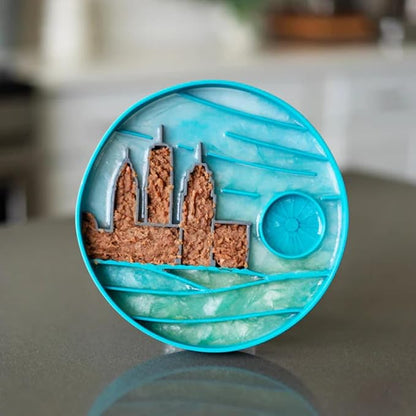 Messy Mutts and Cats Interactive Slow Feeder | Urban City Blue - 2 Cup Capacity | 8” Round Silicone Puzzle Slow Feeder for Dogs/Cats | Enrichment Food Dish for Slow Eating, Bloating