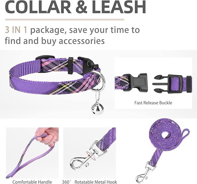PUPTECK Adjustable Dog Harness Collar and Leash Set Step in No Pull Pet Harness for Small Medium Dogs Puppy and Cats Outdoor Walking Running, Soft Mesh Padded Reflective Vest Harnesses, Purple S