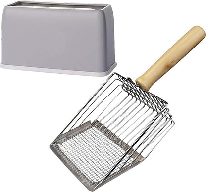 Cat Litter Scoop, Premium Kitty Shovel with Hook and Hole, Metal Sifter Scooper Stainless Steel for Easy Cleaning, Durable and Heavy Duty, Odor-Free for Litter Box (Scoop with Holder)