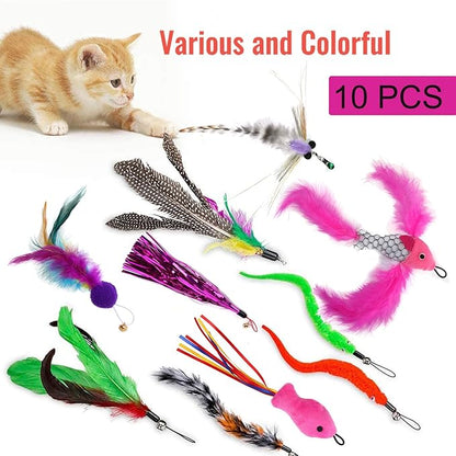 Cat Teaser Wand Set for Indoor Cats (13 Pack) - Retractable with Feather Refills, Interactive Toy to Boost Exercise & Relieve Boredom