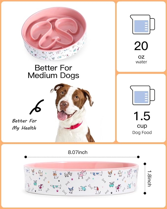 Slow Feeder Dog Bowl, Ceramic Dog Bowls 1.5 Cup Puzzle Feeder - Stops Fast Eating, Prevents Bloat, Choking & Black Chin for Medium/Large Dogs, Pink﻿