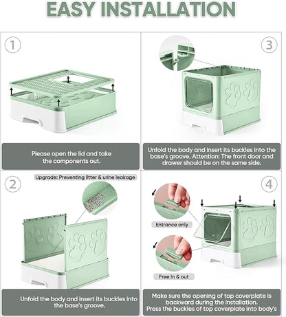 Cat Litter Box with X-Large Litter Mat and Scoop, Large Covered Litter Box with Lid, Enclosed Kitty Box,Front Top Entry Exit, Odor Control Easy to Clean (Upgrade Green)