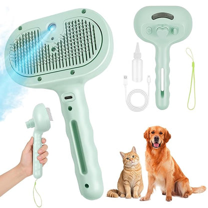 Dog Cat Steam Brush With UV Light, 3 in 1 Release Button Self-Cleaning Grooming Brush for Pets Cats Dogs, Hair Massaging Shedding for Small Animals Long Short Haired - Green