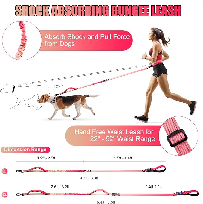 Heavy Duty Hands Free Dog Leash, 5-7 FT Reflective Adjustable Waist Dog Leash Belt with Padded Handles, Shock Absorbing Bungee and Car Seat Belt for Large Medium Dogs (Gradient Rose, XL)