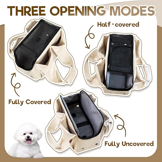 Dog Purse Carrier, Small Dog Cat Puppy Outdoor Portable Bag, Foldable Breathable 3‑Speed Zipper Access Pet Travel Bag with Large-Capacity Pockets, 15 lbs Capacity,Beige
