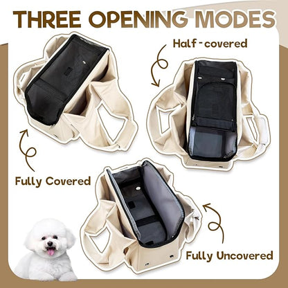 Dog Purse Carrier, Small Dog Cat Puppy Outdoor Portable Bag, Foldable Breathable 3‑Speed Zipper Access Pet Travel Bag with Large-Capacity Pockets, 15 lbs Capacity,Beige