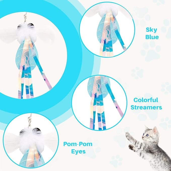 Walfront Cat Toys Interactive Wand, Sky Blue, Realistic Insect Teaser with Telescopic Rod, Cat Feather Wand for Indoor Play, Multi Cat Homes Kittens and Adult Cats, Happy Play and Relaxing Fun