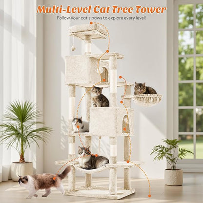 DUMOS Large 66 Inch Cat Tree Tower, Tall Multi Level Cat Climbing Tower with Natural Sisal Scratching Posts, Hammock, Pet Condo for Indoor Cats and Kittens Play, Beige