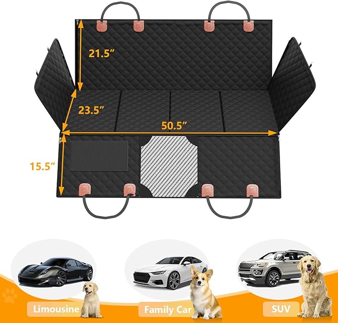 PETICON Back Seat Extender for Dogs, Hard Bottom Dog Car Seat Cover - Supports 400lbs, Rear Seat Pet Cover with Mesh Window, Waterproof Dog Hammock for Car SUV