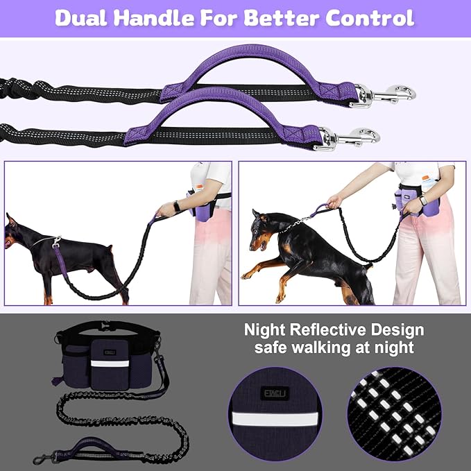 ETACCU Heavy Duty Hands Free Dog Leash with Zipper Pouch Waist Belt for Large Medium Dogs for Running, Walking, Jogging and Hiking, Dual Padded Handles and Durable Bungee (1 Dog Purple)