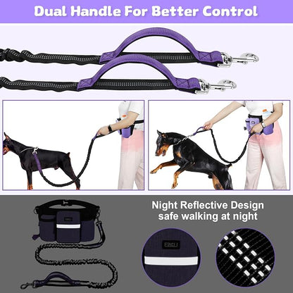 ETACCU Heavy Duty Hands Free Dog Leash with Zipper Pouch Waist Belt for Large Medium Dogs for Running, Walking, Jogging and Hiking, Dual Padded Handles and Durable Bungee (1 Dog Purple)