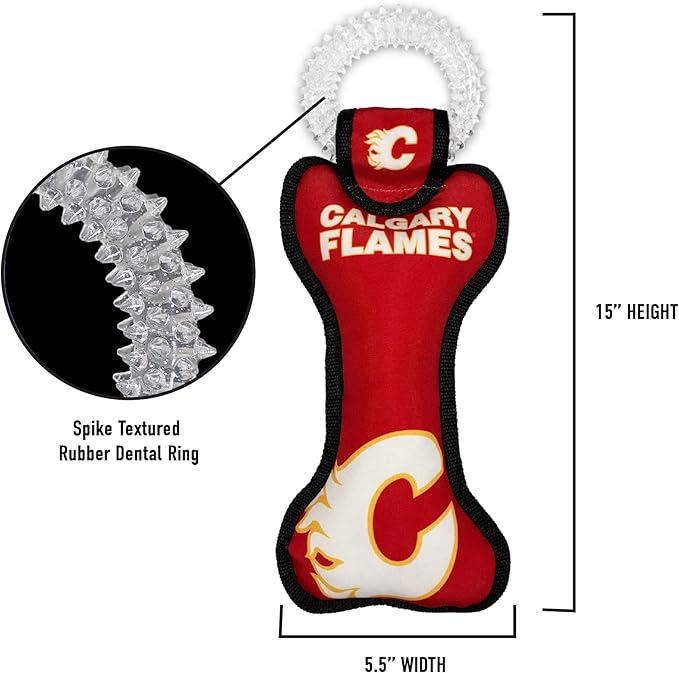 Pets First NHL Calgary Flames Dog Bone Squeak Toy with Cleaning Teething Ring
