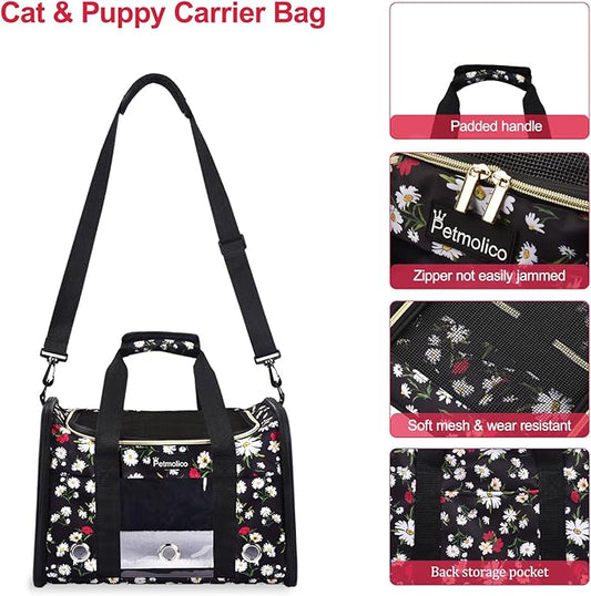 Petmolico Cat Carrier Dog Carrier, Airline Approved Soft Pet Travel Carrier with 3 Open Doors Mesh Windows for Cats Puppy 16 lbs, White Daisy